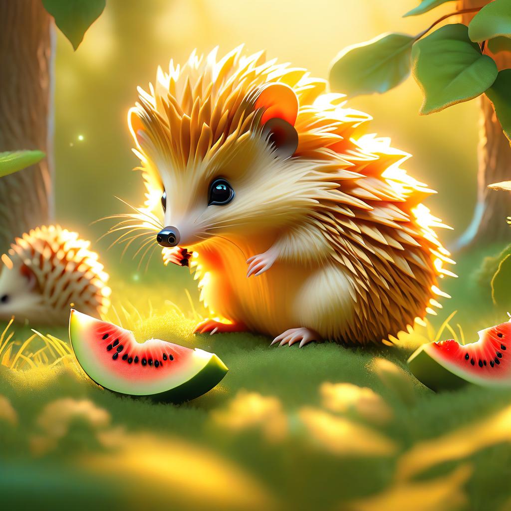  ethereal fantasy concept art of (Background) The time of year spring. A blossoming peach orchard. On the lawn a blue tablecloth with golden fringe behind the tablecloth two hedgehogs are sitting together eating a ripe watermelon slice. Ripe peaches lie on the grass around the tablecloth. . magnificent, celestial, ethereal, painterly, epic, majestic, magical, fantasy art, cover art, dreamy hyperrealistic, full body, detailed clothing, highly detailed, cinematic lighting, stunningly beautiful, intricate, sharp focus, f/1. 8, 85mm, (centered image composition), (professionally color graded), ((bright soft diffused light)), volumetric fog, trending on instagram, trending on tumblr, HDR 4K, 8K