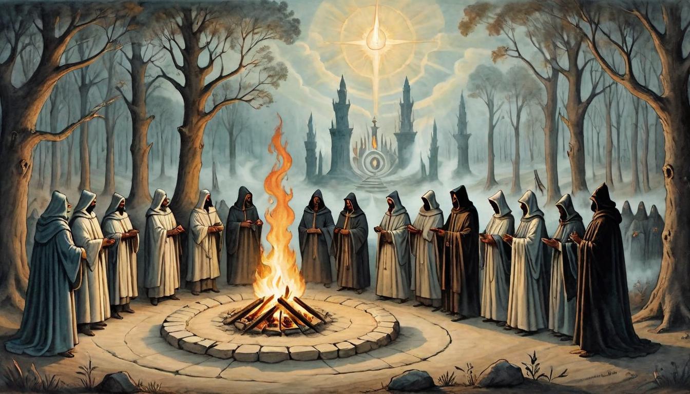  on parchment, surrealism+++, Gathered circle of robed figures around a sacred fire, invoking ancient pacts with whispered chants, Ritual in hidden grove, Unity of purpose, mystical communion, shadows dancing(mysterious, provocative, symbolic,muted color)+++