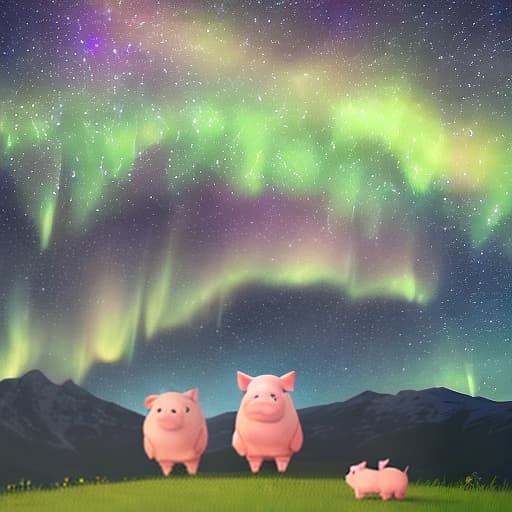  Two lovely pigs, standing on the lawn of the mountain top, in front of the continuous mountains, looking up is the bright Milky Way, under the vast starry sky there are dazzling aurora.