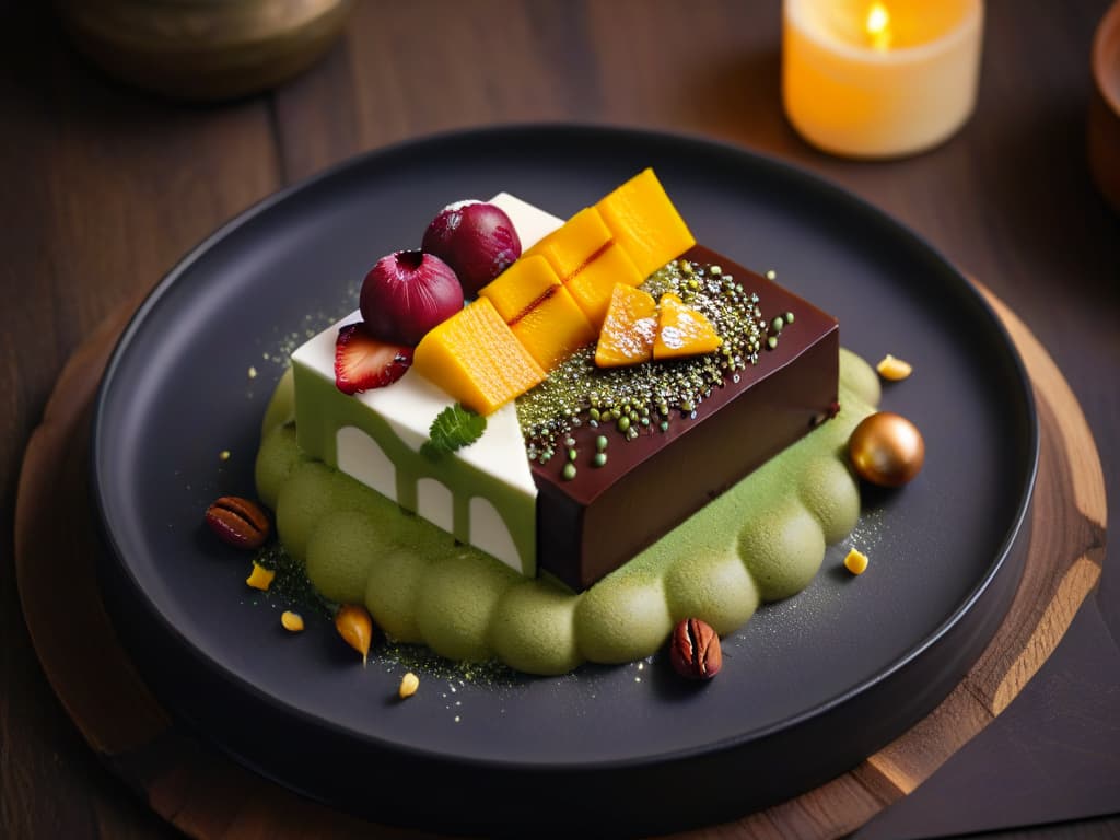  A photorealistic image of a beautifully plated fusion dessert combining traditional Asian ingredients like matcha, mango, and red bean with Western influences such as a delicate chocolate drizzle and edible gold leaf garnish. The dessert is presented on a sleek, modern ceramic plate with elegant geometric patterns, set against a dark, minimalistic background that enhances the vibrant colors and intricate details of the dish. hyperrealistic, full body, detailed clothing, highly detailed, cinematic lighting, stunningly beautiful, intricate, sharp focus, f/1. 8, 85mm, (centered image composition), (professionally color graded), ((bright soft diffused light)), volumetric fog, trending on instagram, trending on tumblr, HDR 4K, 8K