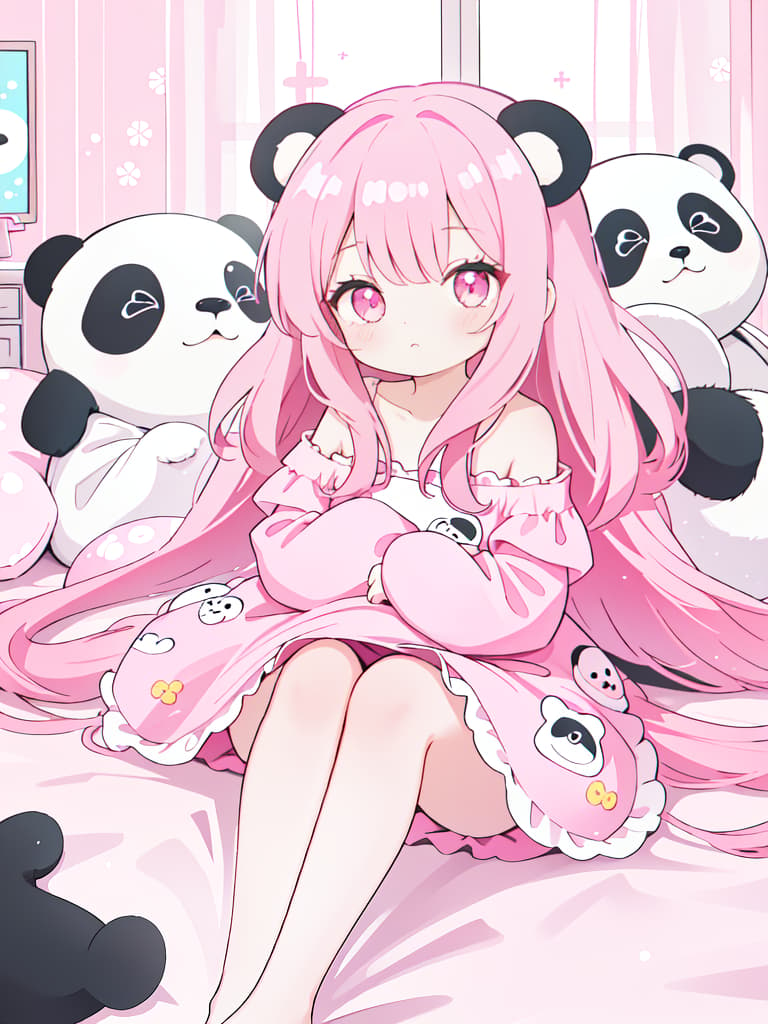  GIRL, Pink Long Hair, PERFECT ARMS, PERFECT LEGS, in The Room, Cute Pajamas, Not Off Shoulder, Eye Mask (PERFECT PANDA), masterpiece, best quality,8k,ultra detailed,high resolution,an extremely delicate and beautiful,hyper detail