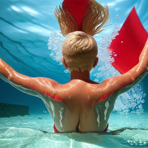  tanned blonde woman with giant booty and short haircut in red T-shirt and blue g-string drowning underwater in full growth she actively wave her arms she intense shuffles her feet view from the back