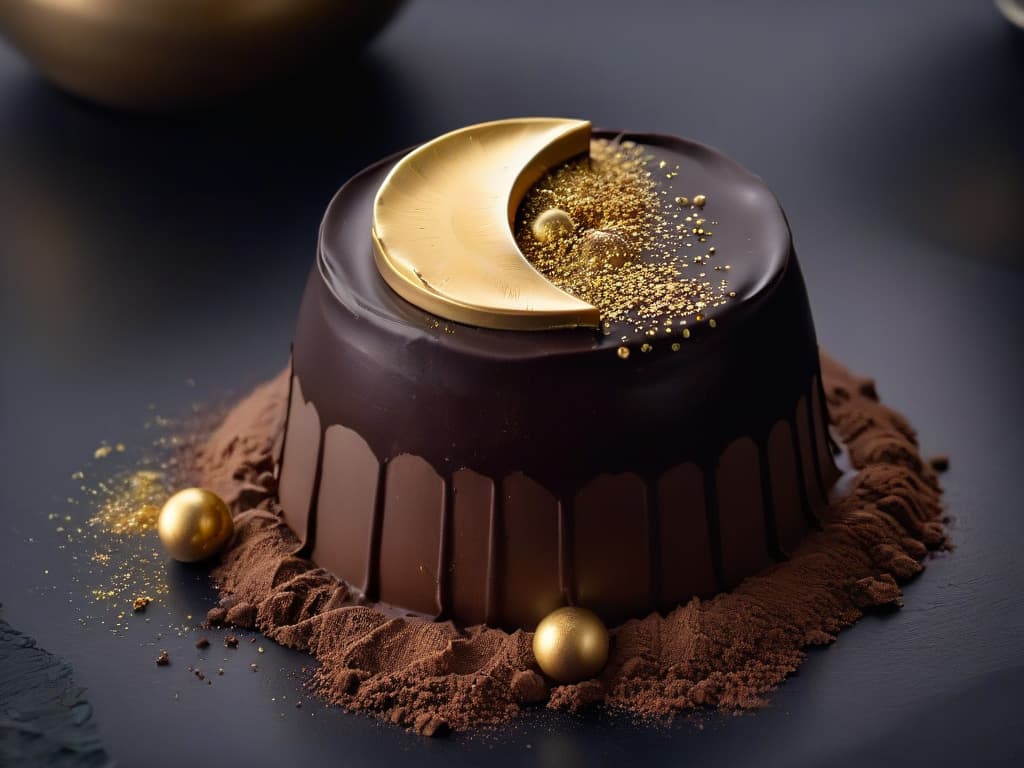  A closeup, ultradetailed image of a glossy, perfectly tempered dark chocolate bonbon being delicately dusted with shimmering gold edible powder. The bonbon is placed on a sleek, matte black surface, creating a stark and elegant contrast. The intricate swirls and patterns on the chocolate's surface are highlighted by the soft ambient lighting, emphasizing the precision and artistry involved in molecular techniques applied to chocolate confectionery. hyperrealistic, full body, detailed clothing, highly detailed, cinematic lighting, stunningly beautiful, intricate, sharp focus, f/1. 8, 85mm, (centered image composition), (professionally color graded), ((bright soft diffused light)), volumetric fog, trending on instagram, trending on tumblr, HDR 4K, 8K