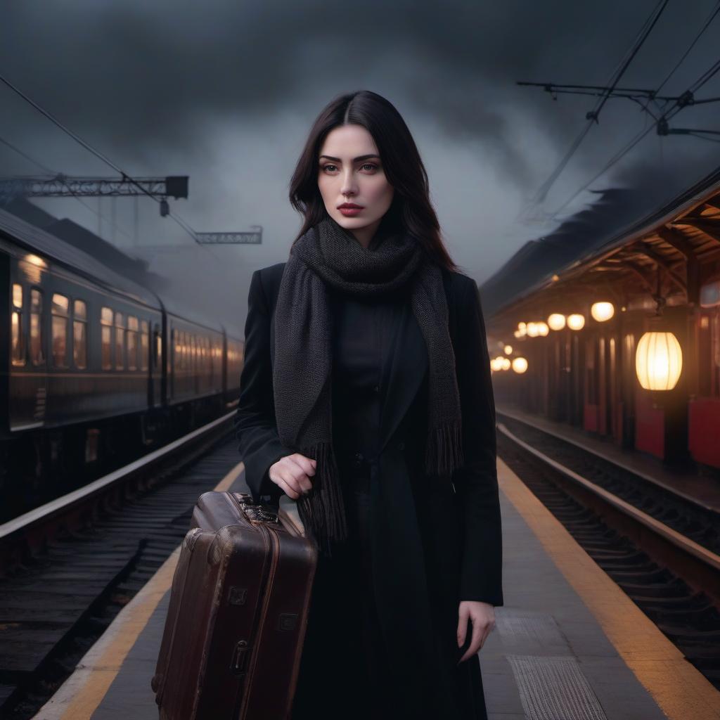  A young with pale skin, aged 18, with brown eyes and straight, dark hair, bruises under her eyes, stands at a railway platform at a distance, looking to the left in depression in a dark outfit with an unknotted scarf, she holds a suitcase behind her, and behind her, the lanterns burn, the sky is dark before dawn. hyperrealistic, full body, detailed clothing, highly detailed, cinematic lighting, stunningly beautiful, intricate, sharp focus, f/1. 8, 85mm, (centered image composition), (professionally color graded), ((bright soft diffused light)), volumetric fog, trending on instagram, trending on tumblr, HDR 4K, 8K