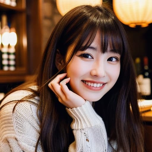  a realistic photo of a young Japanese woman, aged 25, with long dark brown hair with bangs and black eyes, 160cm tall, smiling, wearing white knitwear, at a dark and atmospheric luxurious French restaurant, dinner dishes, wine glass