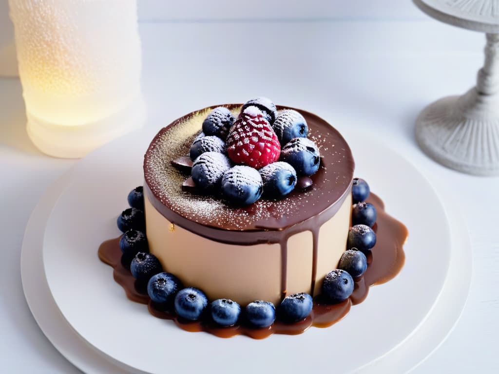  A closeup, ultradetailed image of a delicate, intricately designed dessert showcasing layers of smooth, glossy chocolate ganache, topped with a shimmering gold leaf, and surrounded by vibrant, fresh berries arranged in a perfectly symmetrical pattern on a sleek, modern white plate. The lighting is soft, casting a gentle glow on the dessert, highlighting its luxurious textures and elegant presentation. Each individual component is meticulously placed, creating a harmonious and visually stunning composition that exudes sophistication and indulgence. hyperrealistic, full body, detailed clothing, highly detailed, cinematic lighting, stunningly beautiful, intricate, sharp focus, f/1. 8, 85mm, (centered image composition), (professionally color graded), ((bright soft diffused light)), volumetric fog, trending on instagram, trending on tumblr, HDR 4K, 8K