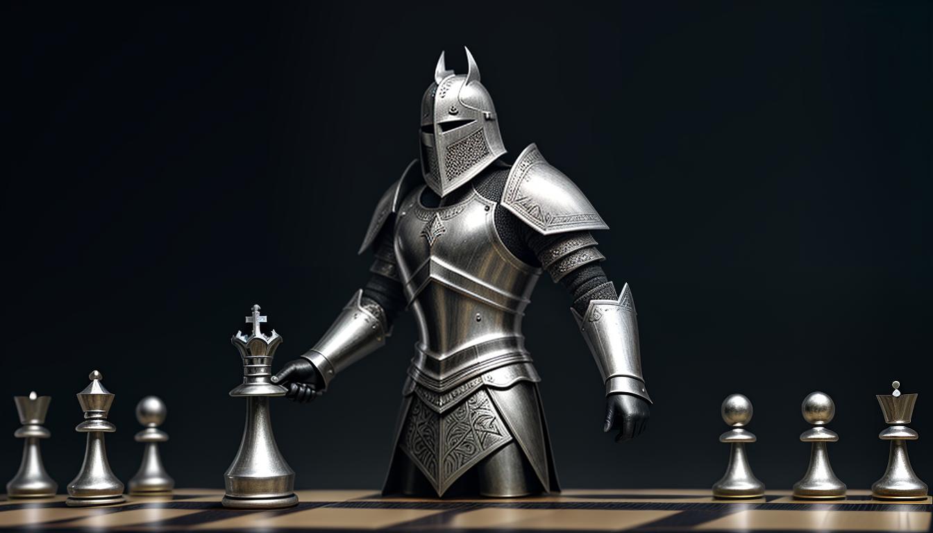  digital illustration, A chess piece knight, holding a scroll, standing confidently on a chessboard, chessboard extends into a misty background, symbolism of rules and strategies, medieval armor detail on knight piece, contrast between clarity of piece and haziness of surroundings, strategic thinking, silent authority, looking at viewer, dynamic pose, (intricate details, masterpiece, best quality)