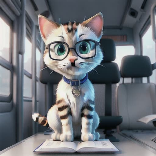  Realistic image of a cat wearing headphones and reading glasses while riding a bus., crystalline, wallpaper hyperrealistic, full body, detailed clothing, highly detailed, cinematic lighting, stunningly beautiful, intricate, sharp focus, f/1. 8, 85mm, (centered image composition), (professionally color graded), ((bright soft diffused light)), volumetric fog, trending on instagram, trending on tumblr, HDR 4K, 8K