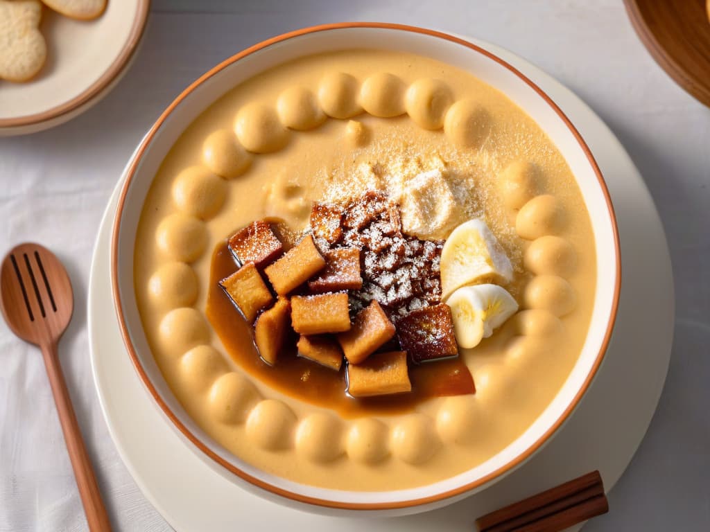  A closeup, photorealistic image of a traditional Colombian natilla dessert in a beautifully decorated ceramic bowl. The natilla is rich and creamy, topped with a sprinkle of cinnamon and served with a side of crispy golden buñuelos. The warm, inviting colors and intricate details of the dessert highlight its homemade, traditional nature. hyperrealistic, full body, detailed clothing, highly detailed, cinematic lighting, stunningly beautiful, intricate, sharp focus, f/1. 8, 85mm, (centered image composition), (professionally color graded), ((bright soft diffused light)), volumetric fog, trending on instagram, trending on tumblr, HDR 4K, 8K