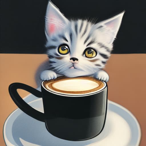  kitten with headphones sitting next to a cup of coffee