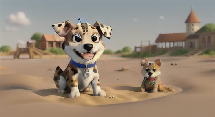  {A spotty dog digging in the sand., The second dog has spots all over and a playful grin.