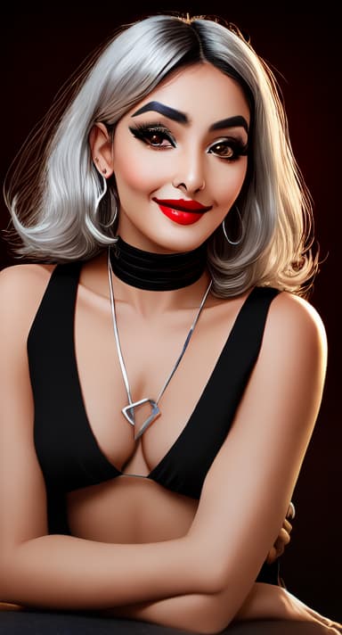  Sexy Egyptian Woman,Silver hair,high cheekbones,black eyeliner,full red lips,arched eyebrows,mischievous smirk,low cut,plunging neckline,large sagging,strong arms,flexing,