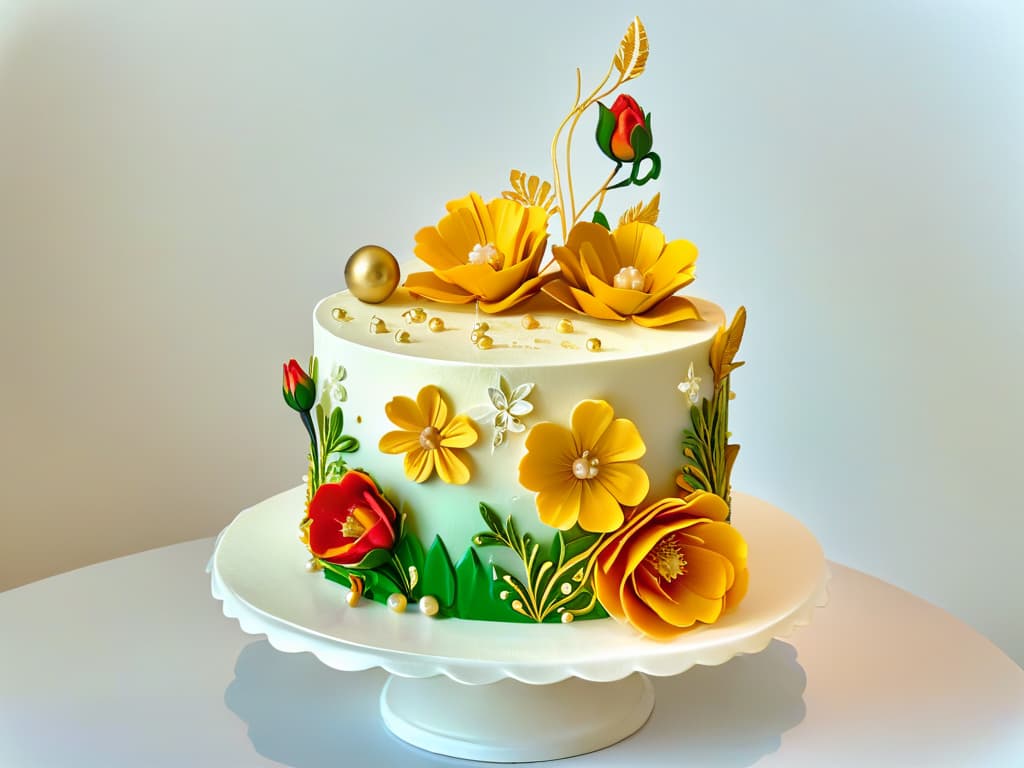  An ultradetailed image of a beautifully decorated and intricately designed cake, showcasing vibrant colors and intricate details such as delicate sugar flowers, intricate piping work, and shimmering edible gold accents. The cake is elegantly displayed on a sleek, modern cake stand against a clean, minimalist background, emphasizing the craftsmanship and artistry that goes into creating ethically and sustainably sourced baked goods. hyperrealistic, full body, detailed clothing, highly detailed, cinematic lighting, stunningly beautiful, intricate, sharp focus, f/1. 8, 85mm, (centered image composition), (professionally color graded), ((bright soft diffused light)), volumetric fog, trending on instagram, trending on tumblr, HDR 4K, 8K