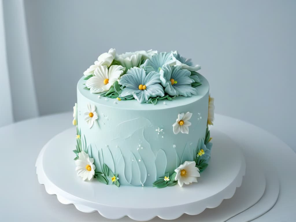  A closeup, ultradetailed image of a perfectly frosted cake with intricate floral piping designs in pastel colors, set on a sleek, modern white ceramic cake stand against a soft, blurred background. hyperrealistic, full body, detailed clothing, highly detailed, cinematic lighting, stunningly beautiful, intricate, sharp focus, f/1. 8, 85mm, (centered image composition), (professionally color graded), ((bright soft diffused light)), volumetric fog, trending on instagram, trending on tumblr, HDR 4K, 8K