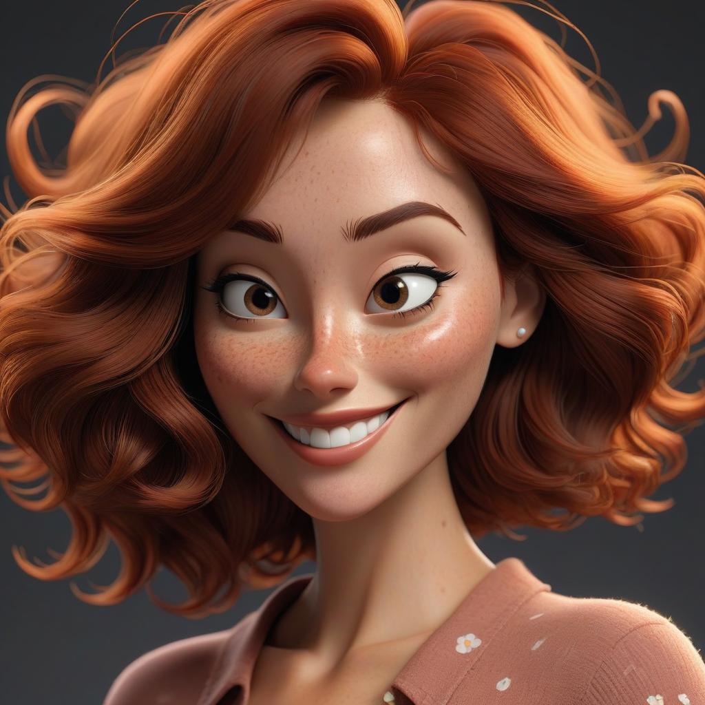  professional 3d model Draw a woman in the Pixar style: she is very charming. Her hair is slightly messy and brown. She has freckles. She's smiling. . octane render, highly detailed, volumetric, dramatic lighting hyperrealistic, full body, detailed clothing, highly detailed, cinematic lighting, stunningly beautiful, intricate, sharp focus, f/1. 8, 85mm, (centered image composition), (professionally color graded), ((bright soft diffused light)), volumetric fog, trending on instagram, trending on tumblr, HDR 4K, 8K