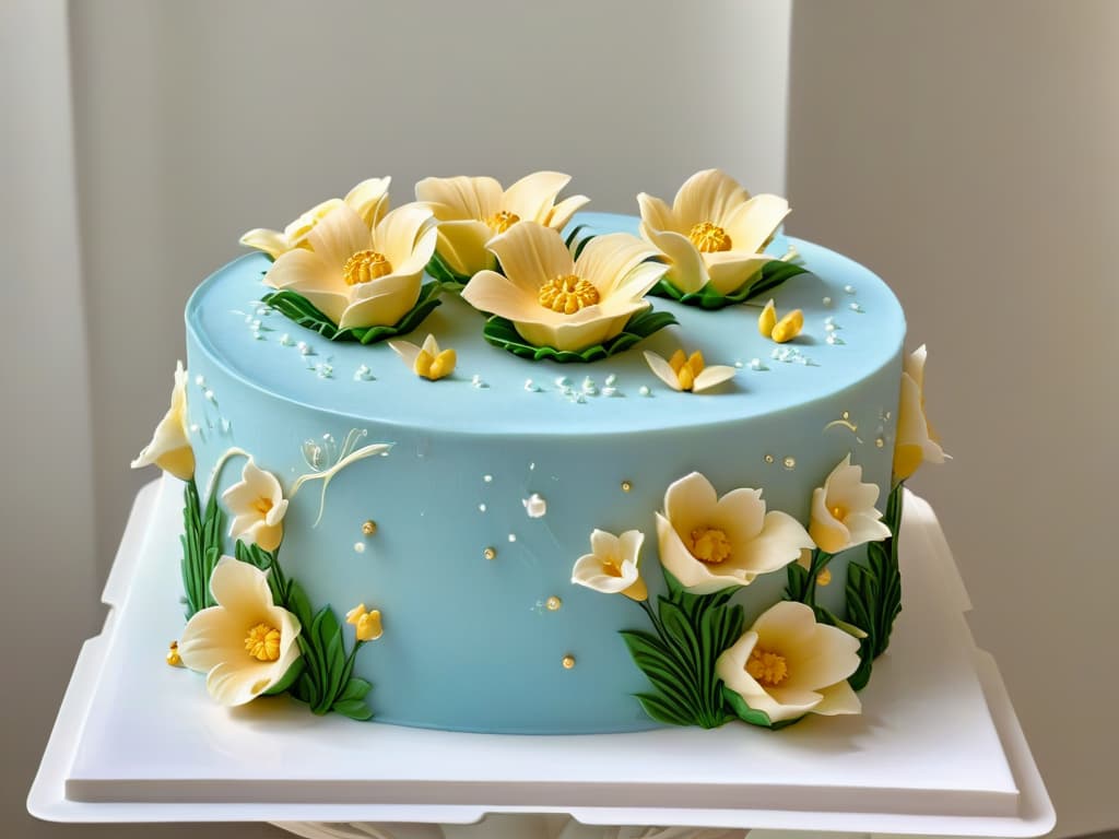  A closeup, ultradetailed image of an exquisite, intricately decorated fondant cake, showcasing delicate sugar flowers, intricate piping details, and shimmering edible gold accents. The cake sits on a sleek, white marble cake stand, with soft, diffused lighting highlighting the impeccable craftsmanship and artistry. hyperrealistic, full body, detailed clothing, highly detailed, cinematic lighting, stunningly beautiful, intricate, sharp focus, f/1. 8, 85mm, (centered image composition), (professionally color graded), ((bright soft diffused light)), volumetric fog, trending on instagram, trending on tumblr, HDR 4K, 8K