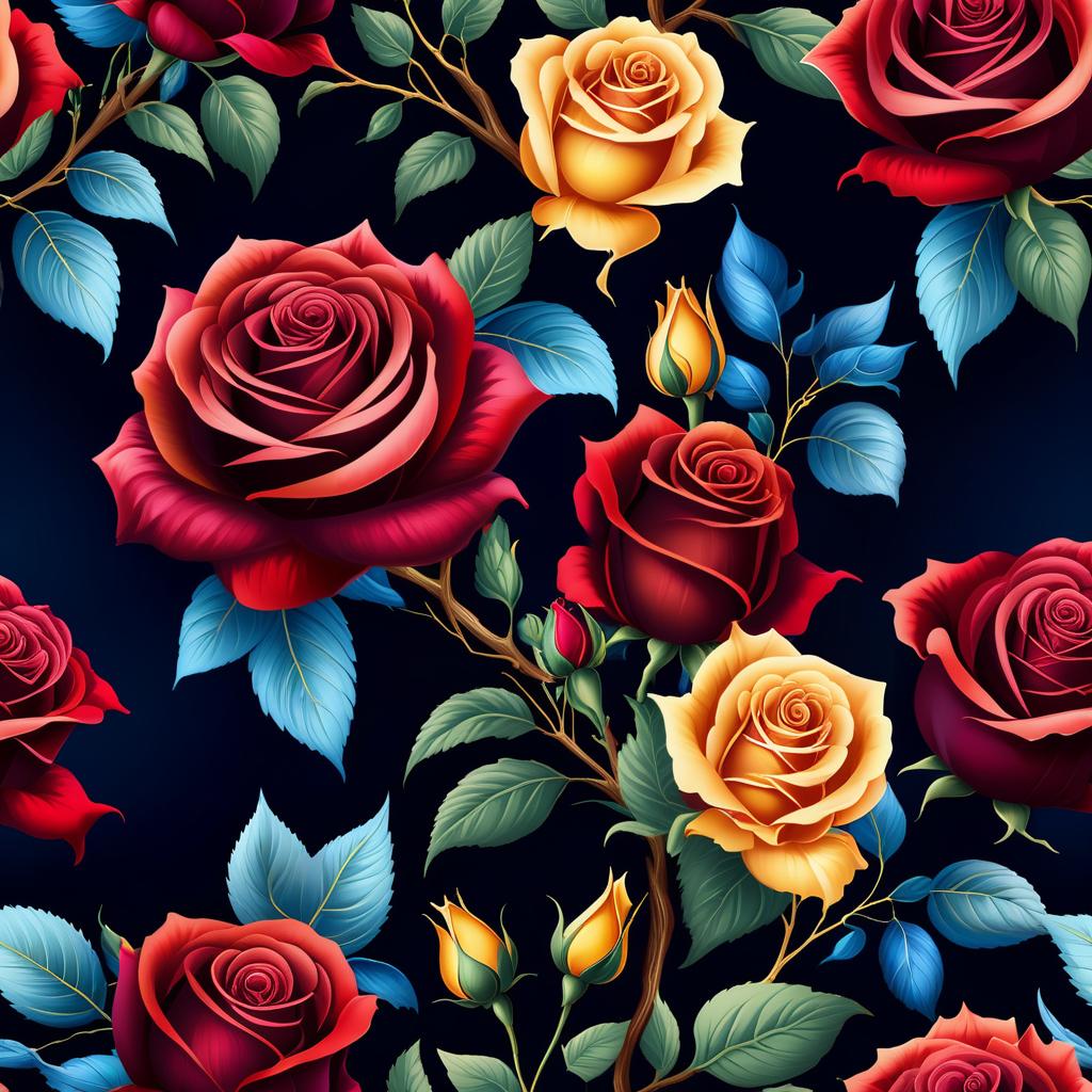  ethereal fantasy concept art of Fantasy bouquet of roses in the style of Jewish craftsmanship. (Roses): the color of the buds is red, Burgundy. (Leaves and branches): the color is azure, golden, yellow, amber. Around the bouquet of roses is a scattering of blue and red small flowers, creating a fantastic plant pattern. Background: dark blue, smoothly transitioning into black. . magnificent, celestial, ethereal, painterly, epic, majestic, magical, fantasy art, cover art, dreamy hyperrealistic, full body, detailed clothing, highly detailed, cinematic lighting, stunningly beautiful, intricate, sharp focus, f/1. 8, 85mm, (centered image composition), (professionally color graded), ((bright soft diffused light)), volumetric fog, trending on instagram, trending on tumblr, HDR 4K, 8K