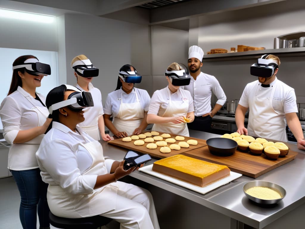  An ultradetailed photorealistic image of a diverse group of individuals with various disabilities wearing virtual reality headsets and happily participating in a virtual baking class. The scene captures the intricate details of the kitchen setting, with advanced VR technology enhancing their learning experience as they interact with digital baking tools and ingredients in a beautifully designed virtual environment. The image showcases a sense of inclusivity, empowerment, and enthusiasm among the participants, highlighting the innovative use of virtual reality in inclusive pastry education. hyperrealistic, full body, detailed clothing, highly detailed, cinematic lighting, stunningly beautiful, intricate, sharp focus, f/1. 8, 85mm, (centered image composition), (professionally color graded), ((bright soft diffused light)), volumetric fog, trending on instagram, trending on tumblr, HDR 4K, 8K