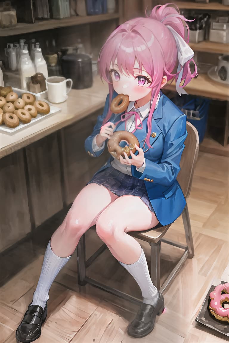  master piece , best quality,High school girl, ponytail, blue blazer, pink ribbon, eating donut