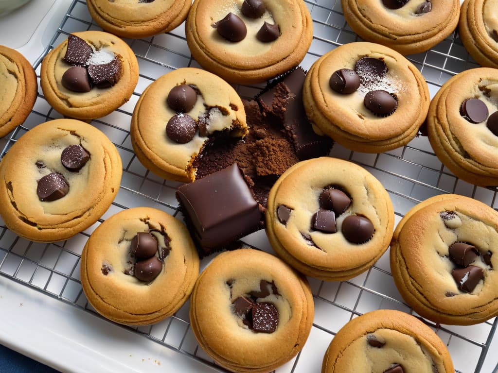  A closeup, ultradetailed image of a freshly baked batch of vegan chocolate chip cookies cooling on a wire rack, showcasing the goldenbrown edges, gooey chocolate chunks, and a sprinkle of sea salt on top. The cookies are beautifully arranged on a sleek, modern marble countertop, with soft natural light filtering in, highlighting the textures and colors of the cookies. The image captures the essence of homemade vegan baking with a sophisticated and minimalistic aesthetic. hyperrealistic, full body, detailed clothing, highly detailed, cinematic lighting, stunningly beautiful, intricate, sharp focus, f/1. 8, 85mm, (centered image composition), (professionally color graded), ((bright soft diffused light)), volumetric fog, trending on instagram, trending on tumblr, HDR 4K, 8K