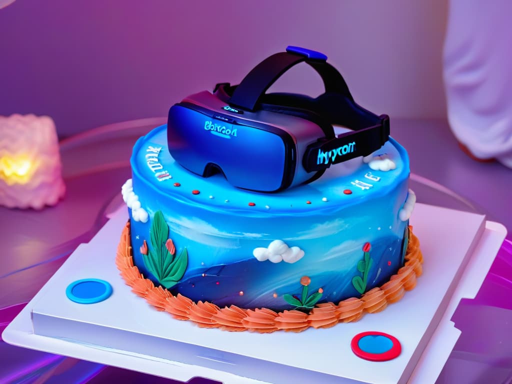  An ultradetailed 8k image of a virtual reality headset superimposed over a vibrant, intricately decorated cake. The headset is glowing with a soft blue light, creating a striking contrast against the colorful and detailed icing designs on the cake. The background fades into a dreamy, blurred effect, emphasizing the futuristic technology merging with traditional baking artistry. hyperrealistic, full body, detailed clothing, highly detailed, cinematic lighting, stunningly beautiful, intricate, sharp focus, f/1. 8, 85mm, (centered image composition), (professionally color graded), ((bright soft diffused light)), volumetric fog, trending on instagram, trending on tumblr, HDR 4K, 8K