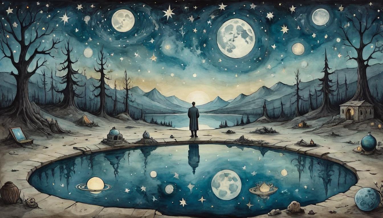  on parchment, surrealism+++, A reflective pool under a starry sky, showing a person's peaceful face, material possessions scattered around but dim and fading(mysterious, provocative, symbolic,muted color)+++