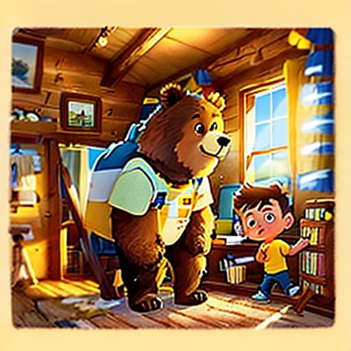  a boy with brown short hair and yellow shirt and blue jeans, a bear standing, in cabin