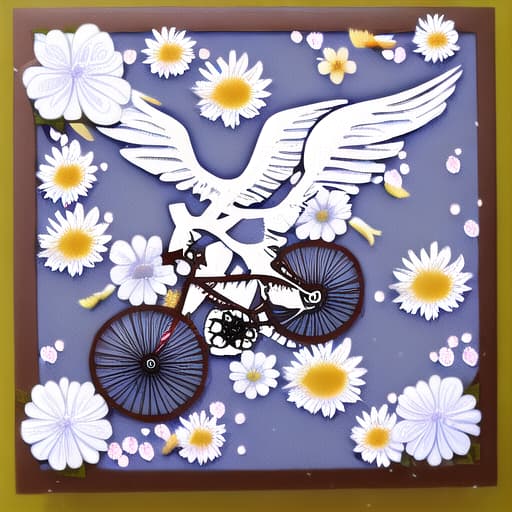  Paper cutout of a bicycle with wings and flowers on it.