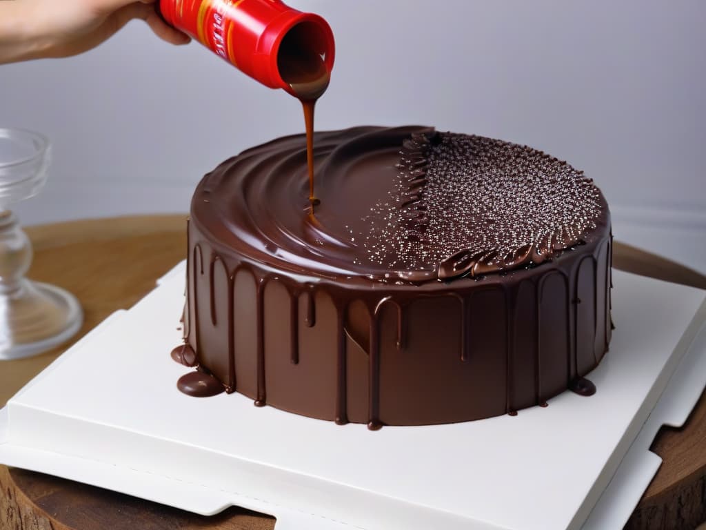  A closeup, highresolution image of a glossy chocolate ganache being smoothly poured over a luscious cake, showcasing the perfect emulsion and creating a uniform, velvety texture. The rich, decadent chocolate contrasts beautifully against the soft, moist cake, highlighting the magic of emulsions in pastry making. The minimalistic style focuses solely on the elegant flow of the ganache, emphasizing the artistry and precision involved in creating smooth textures in baking. hyperrealistic, full body, detailed clothing, highly detailed, cinematic lighting, stunningly beautiful, intricate, sharp focus, f/1. 8, 85mm, (centered image composition), (professionally color graded), ((bright soft diffused light)), volumetric fog, trending on instagram, trending on tumblr, HDR 4K, 8K