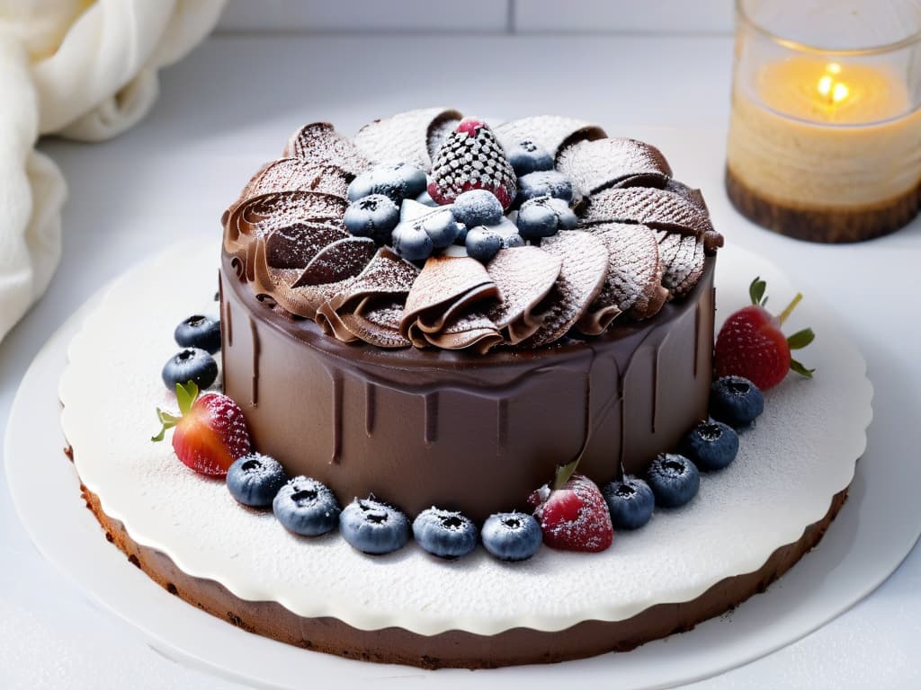  An ultradetailed closeup image of a decadent vegan chocolate cake topped with fresh berries and a dusting of powdered sugar. The cake is displayed on a sleek, modern plate against a stark white background, showcasing the rich texture and intricate layers of the dessert. Each crumb and berry is so finely detailed that viewers can almost taste the delicious combination of flavors just by looking at the image. hyperrealistic, full body, detailed clothing, highly detailed, cinematic lighting, stunningly beautiful, intricate, sharp focus, f/1. 8, 85mm, (centered image composition), (professionally color graded), ((bright soft diffused light)), volumetric fog, trending on instagram, trending on tumblr, HDR 4K, 8K