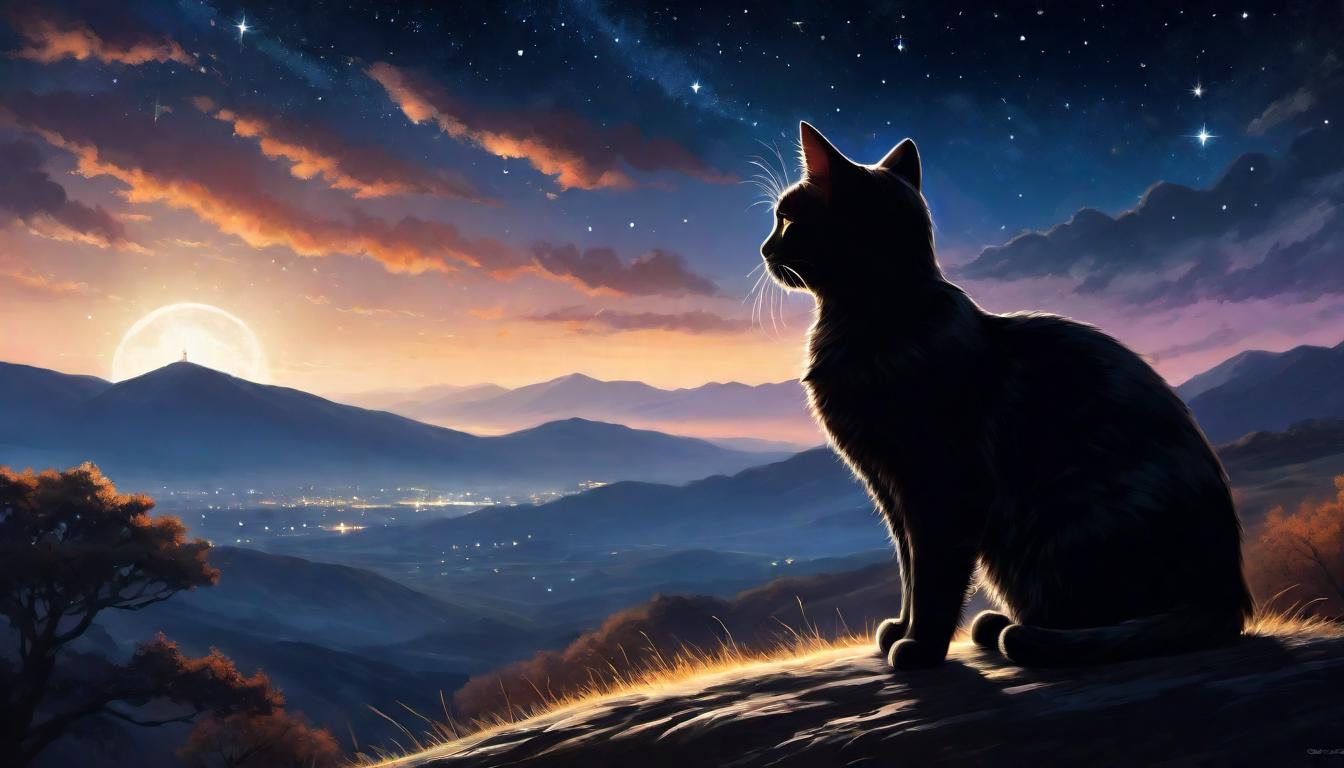  digital painting of A silhouette of a cat perched gracefully on a hill, overlooking a vast, starlit sky, silhouette detailed against a backdrop of the cosmos, embodying a sense of beyond, ethereal, infinite possibility, majestic poise looking at viewer, dynamic pose, (intricate details, masterpiece, best quality)