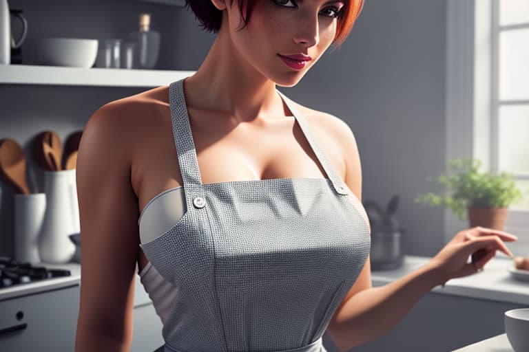  a closeup portrait of a playful maid, undercut hair, apron, amazing body, pronounced feminine feature, busty, kitchen, freckles, flirting with camera hyperrealistic, full body, detailed clothing, highly detailed, cinematic lighting, stunningly beautiful, intricate, sharp focus, f/1. 8, 85mm, (centered image composition), (professionally color graded), ((bright soft diffused light)), volumetric fog, trending on instagram, trending on tumblr, HDR 4K, 8K