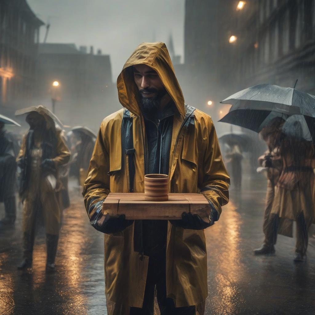  A team of several people in rainwear celebrate and hold one wooden cup as a prize. hyperrealistic, full body, detailed clothing, highly detailed, cinematic lighting, stunningly beautiful, intricate, sharp focus, f/1. 8, 85mm, (centered image composition), (professionally color graded), ((bright soft diffused light)), volumetric fog, trending on instagram, trending on tumblr, HDR 4K, 8K