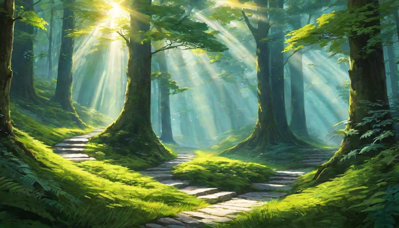  digital illustration A path winding through a tranquil forest, lit by scattered rays of sunlight, symbolizing the journey of integration and healing, peaceful, enlightening. looking at viewer, dynamic pose, (intricate details, masterpiece, best quality)