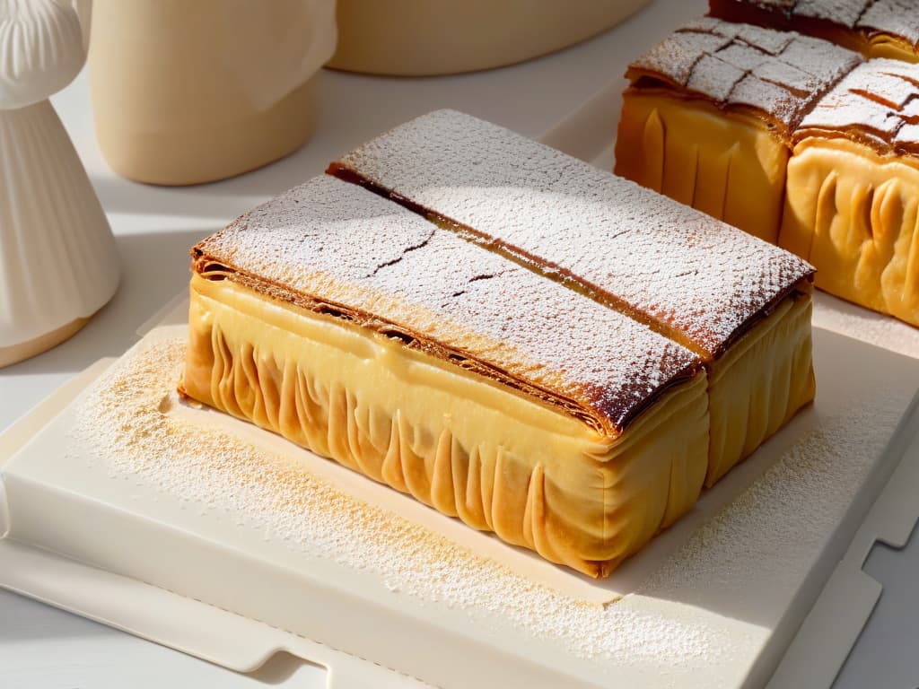  A closeup, photorealistic image of a freshly baked Pasteles de Belem, showcasing the flaky, goldenbrown crust with layers of delicate pastry, dusted with a sprinkle of cinnamon and powdered sugar. The filling should be oozing out slightly, revealing a creamy, custardlike texture that is both inviting and indulgent. The image captures the essence of this authentic Portuguese delicacy, making the viewer crave a taste of its sweetness and warmth. hyperrealistic, full body, detailed clothing, highly detailed, cinematic lighting, stunningly beautiful, intricate, sharp focus, f/1. 8, 85mm, (centered image composition), (professionally color graded), ((bright soft diffused light)), volumetric fog, trending on instagram, trending on tumblr, HDR 4K, 8K