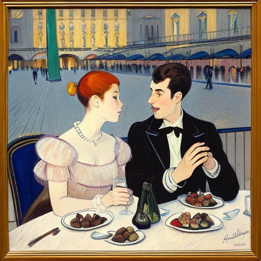  attractive young Parisian couple dressed in modern designer outfits who are romantically together in Paris. Foreground a small plate of fine dark chocolates on a bedside table. Background dusk with a light interior of the Louvre Museum. Painting style of Henri de Toulouse-Lautrec