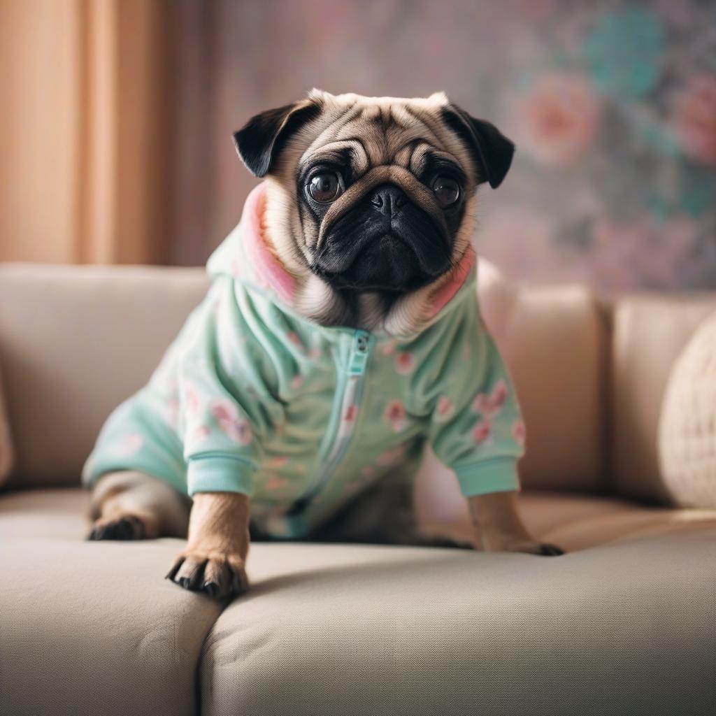  cinematic photo A candid photo of a fluffy cute puppy pug, dressed in onesie, pastel print pattern, on a sofa, colorful room in background, pastel colors . 35mm photograph, film, bokeh, professional, 4k, highly detailed hyperrealistic, full body, detailed clothing, highly detailed, cinematic lighting, stunningly beautiful, intricate, sharp focus, f/1. 8, 85mm, (centered image composition), (professionally color graded), ((bright soft diffused light)), volumetric fog, trending on instagram, trending on tumblr, HDR 4K, 8K