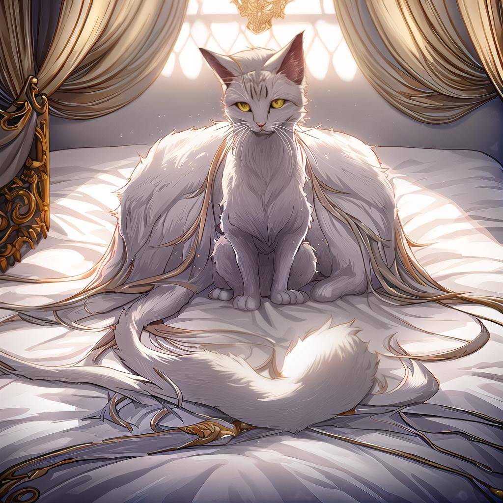  Cat on a bed hyperrealistic, full body, detailed clothing, highly detailed, cinematic lighting, stunningly beautiful, intricate, sharp focus, f/1. 8, 85mm, (centered image composition), (professionally color graded), ((bright soft diffused light)), volumetric fog, trending on instagram, trending on tumblr, HDR 4K, 8K