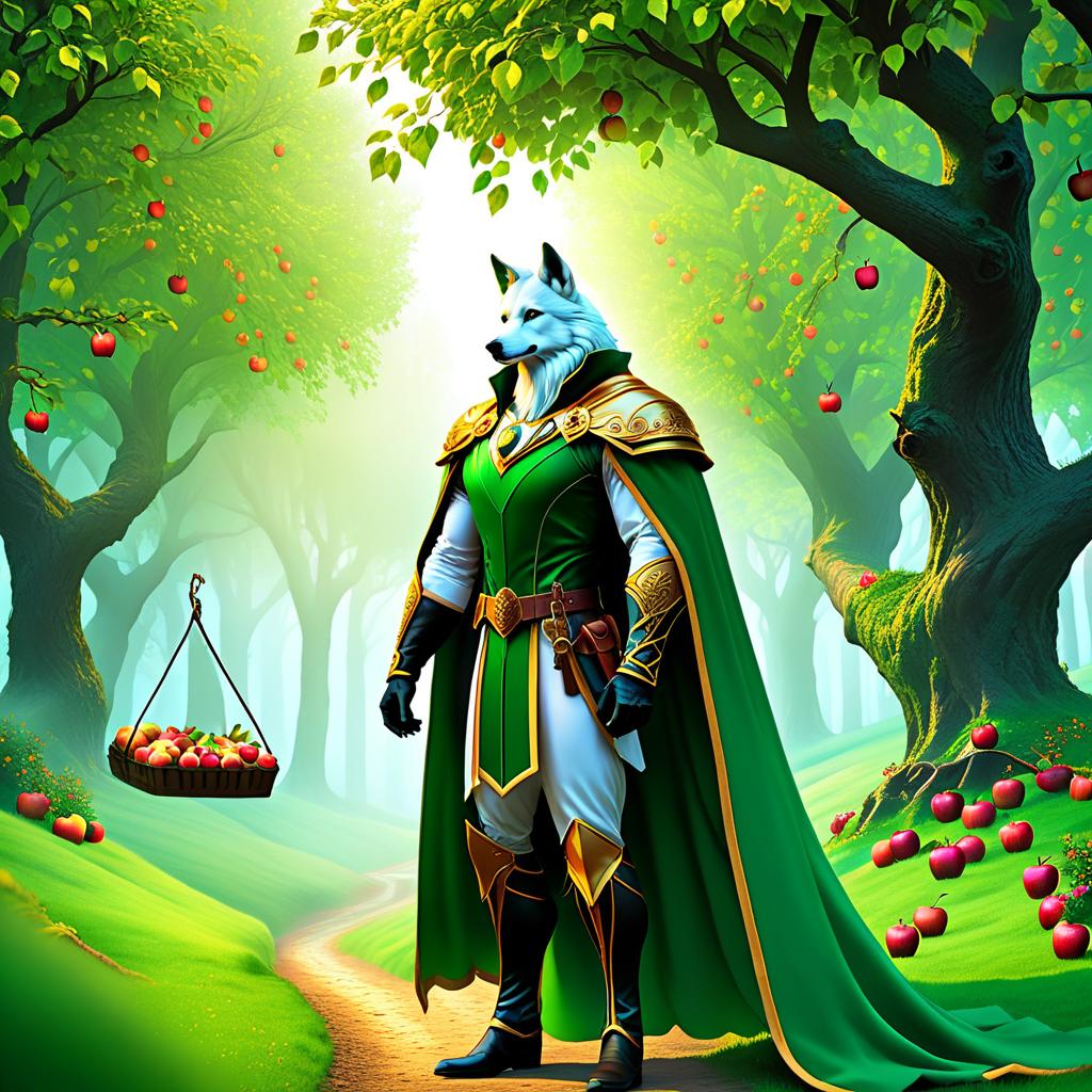  ethereal fantasy concept art of (Background): an apple orchard. He did not immediately realise that there was no more snow under his paws, only soft grass. Leaves on the recently bare trees turned green, and it became clear that this was not a forest at all, but a marvellous apple orchard. A white wolf shifter with green eyes and a black nose in a marvellous apple orchard. Style:fantasy . magnificent, celestial, ethereal, painterly, epic, majestic, magical, fantasy art, cover art, dreamy hyperrealistic, full body, detailed clothing, highly detailed, cinematic lighting, stunningly beautiful, intricate, sharp focus, f/1. 8, 85mm, (centered image composition), (professionally color graded), ((bright soft diffused light)), volumetric fog, trending on instagram, trending on tumblr, HDR 4K, 8K