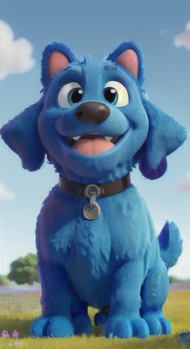  {A happy, big blue dog wagging its tail in a colorful meadow, The big blue dog is large with sky blue fur, big round eyes, a black nose, and floppy ears.