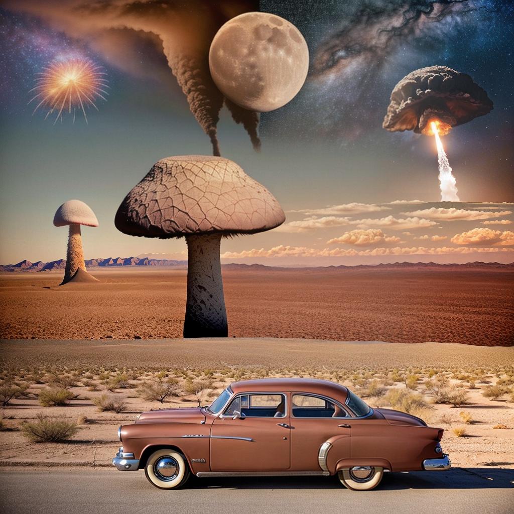  desert landscape, 1950s couple kissing in the style of Supernatural satin Granite Collage Cotton, collage style, end of the world, massive nuclear explosion mushroom cloud, moon, and car on the road, stars, hearts, glitter