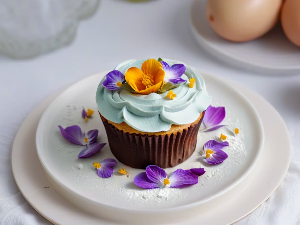  A stunning closeup image of a freshly baked, intricately decorated cupcake placed on a simple, elegant ceramic plate. The cupcake is topped with delicate edible flowers and surrounded by scattered raw, organic ingredients like flour, sugar, and eggs, showcasing the beauty of sustainable baking practices. The soft natural light illuminates the textures and colors, emphasizing the detailed craftsmanship and ecofriendly elements of the dessert. hyperrealistic, full body, detailed clothing, highly detailed, cinematic lighting, stunningly beautiful, intricate, sharp focus, f/1. 8, 85mm, (centered image composition), (professionally color graded), ((bright soft diffused light)), volumetric fog, trending on instagram, trending on tumblr, HDR 4K, 8K