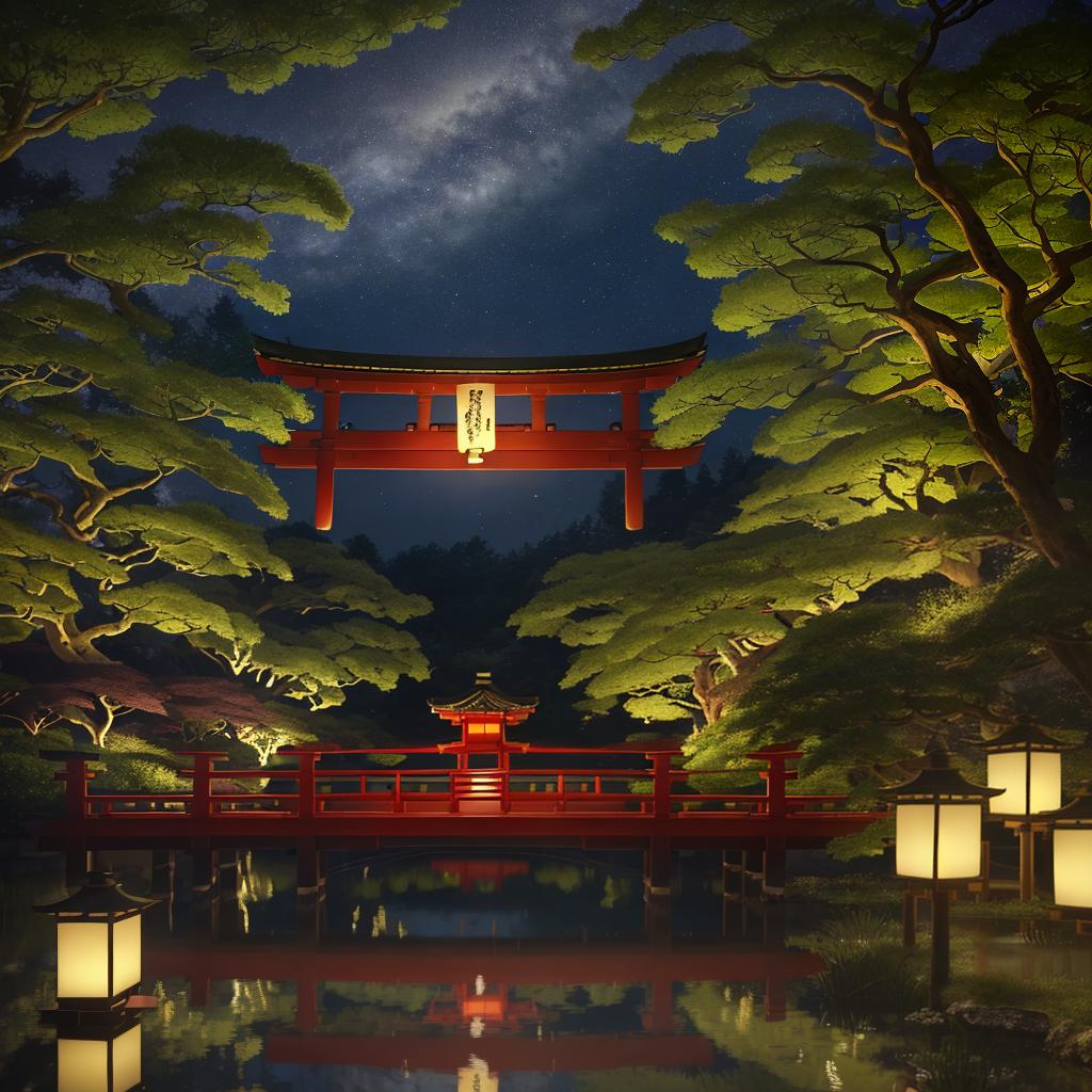  masterpiece, best quality,(fidelity: 1.4), best quality, masterpiece, ultra high resolution, 8k resolution, night view inspired by Japanese art, featuring a garden illuminated by paper lanterns and a wooden bridge spanning a tranquil lake with a small Zen temple beside the lake.