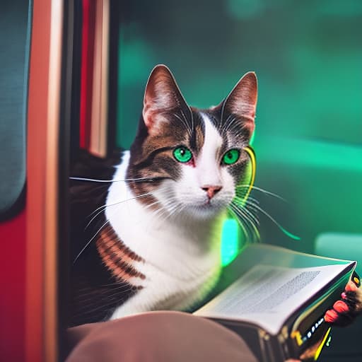 nvinkpunk Realistic image of a cat wearing headphones and reading glasses while riding a bus. hyperrealistic, full body, detailed clothing, highly detailed, cinematic lighting, stunningly beautiful, intricate, sharp focus, f/1. 8, 85mm, (centered image composition), (professionally color graded), ((bright soft diffused light)), volumetric fog, trending on instagram, trending on tumblr, HDR 4K, 8K