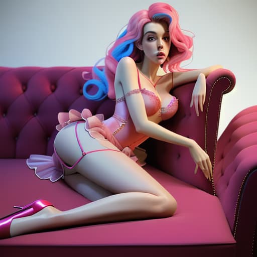  Vanessa Kirby lying at her side on the couch wearing transparant evening pink and blue mixed coloured silk short dress showing long legs in red high heel shoes,wearing lingerie,one arm on the hip