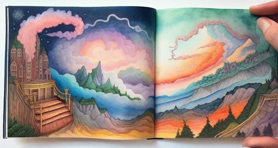  watercolor detailed painting, on paper, fantasy art, an open picture book that has smoke filled dreams rising from it, fantasy, storybook, vivid colours