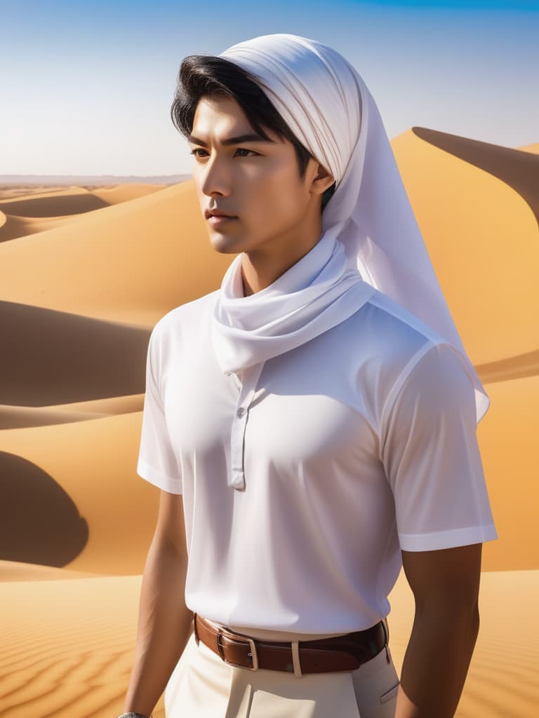  Half body portrait,Young Asian Man wear casual short sleeve t shirt , tie a solid white casual Headscarf standing in desert hyperrealistic, full body, detailed clothing, highly detailed, cinematic lighting, stunningly beautiful, intricate, sharp focus, f/1. 8, 85mm, (centered image composition), (professionally color graded), ((bright soft diffused light)), volumetric fog, trending on instagram, trending on tumblr, HDR 4K, 8K