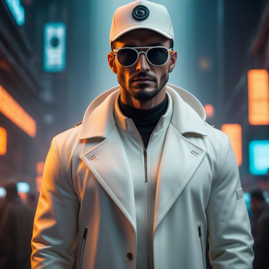  cyberpunk style, man in white jacket and hat, charismatic, black glasses, eye implants, background muted colors, orange glow hyperrealistic, full body, detailed clothing, highly detailed, cinematic lighting, stunningly beautiful, intricate, sharp focus, f/1. 8, 85mm, (centered image composition), (professionally color graded), ((bright soft diffused light)), volumetric fog, trending on instagram, trending on tumblr, HDR 4K, 8K