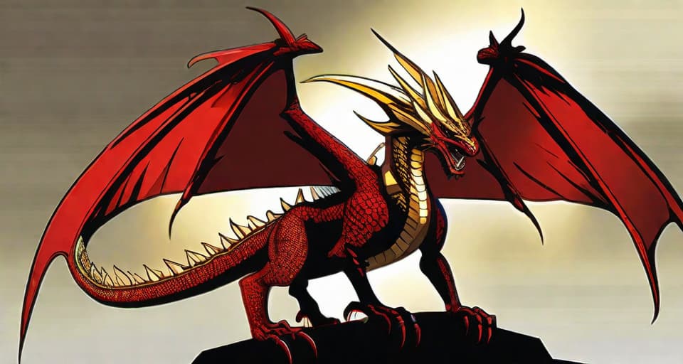  fantasy art, a large, powerful red and gold dragon with long, pointed wings and a tail that can lash out fiercely. The dragon should have a muscular body, broad chest, and sharp claws. Its eyes should be slitted and fierce, reflecting its potentially destructive nature. The most prominent feature of this dragon should be its head, which should be adorned with a crest of sharp, pointed spikes. The red and gold coloration should make it stand out as a fierce, legendary creature. The wings should be outlined in gold and be large enough to carry the dragon aloft.