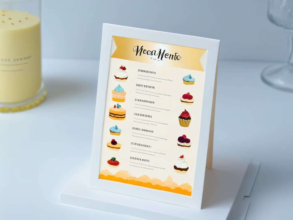  A closeup, ultradetailed image of a beautifully designed dessert menu featuring elegant typography and delicate illustrations of desserts like cakes, macarons, and cupcakes. The color scheme is soft pastels with gold accents, exuding a luxurious and professional feel. The layout is clean and organized, showcasing different sections for desserts, beverages, and specials. hyperrealistic, full body, detailed clothing, highly detailed, cinematic lighting, stunningly beautiful, intricate, sharp focus, f/1. 8, 85mm, (centered image composition), (professionally color graded), ((bright soft diffused light)), volumetric fog, trending on instagram, trending on tumblr, HDR 4K, 8K